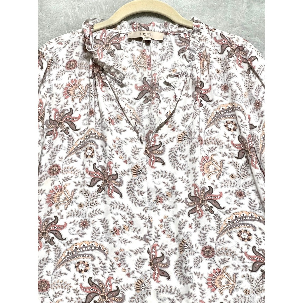 LOFT Blouse Medium Paisley Ruffle Neck Long Sleeve Top White Pink Gray Boho Chic